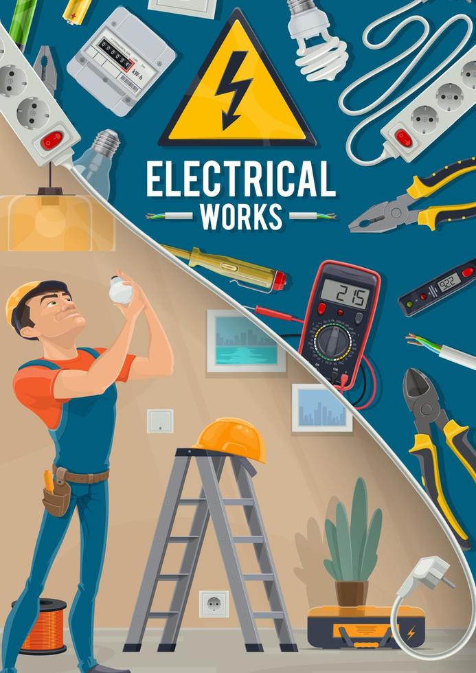 Electrical works, electrician and tools vector
