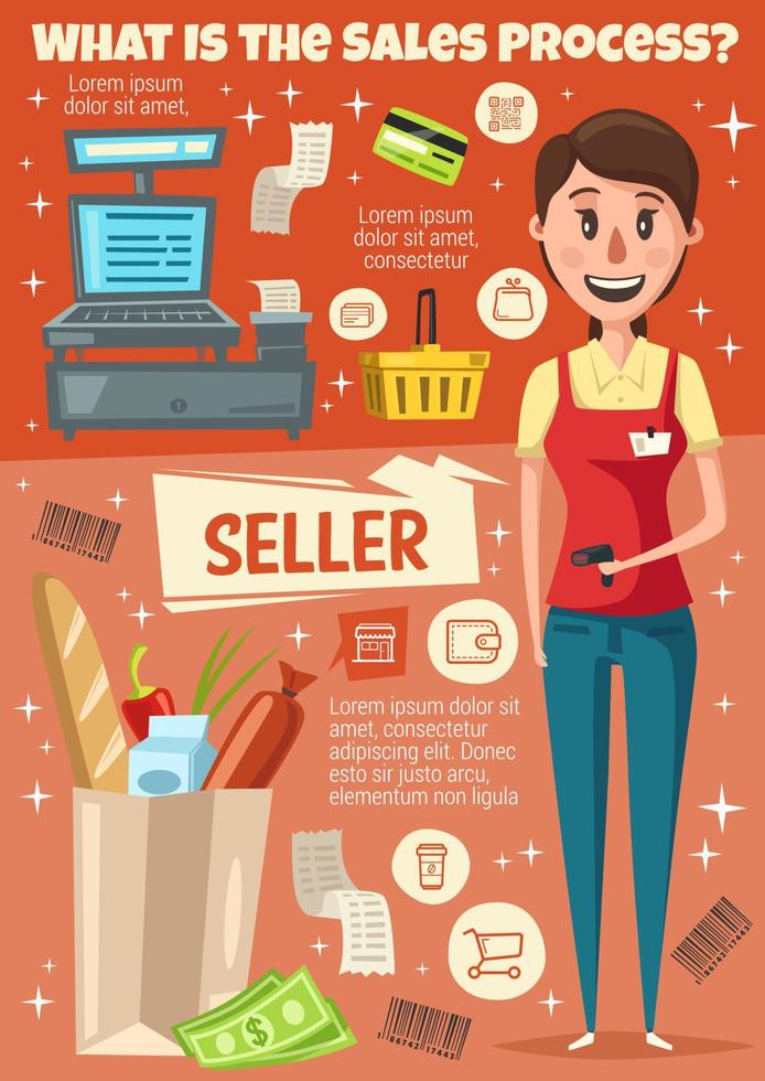 Seller profession poster of vendor with scanner vector