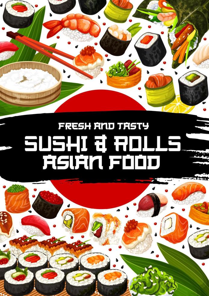 cartel de restaurante japonés con sushi y rollos vector