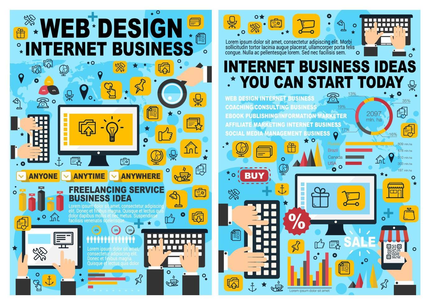 Internet business and startup line art web posters vector