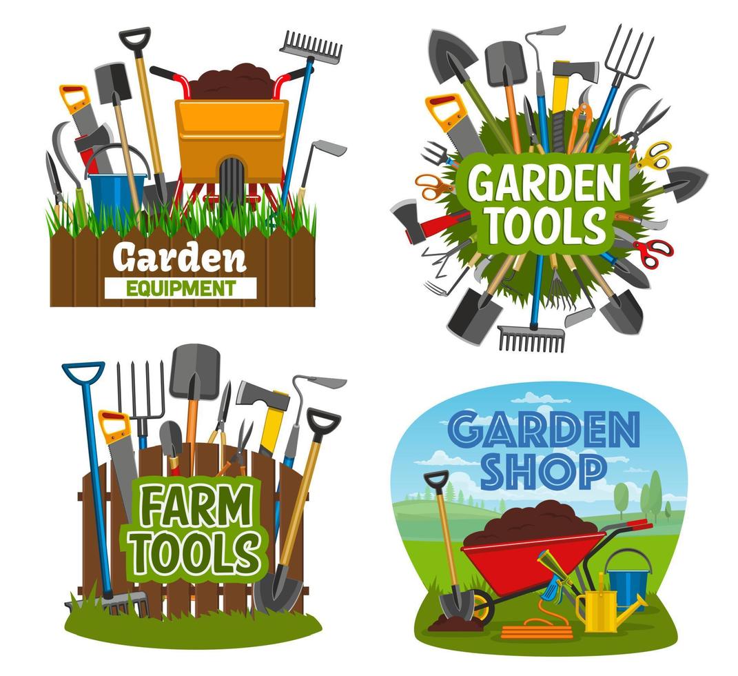 Farm and gardening tools, garden shop equipment vector