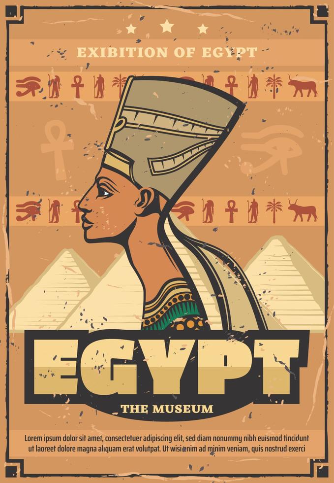 cartel del museo de egipto con la reina egipcia nefertiti vector