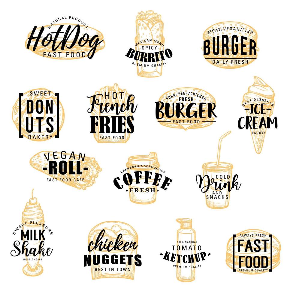Comidas callejeras de comida rápida boceto de iconos con letras vector