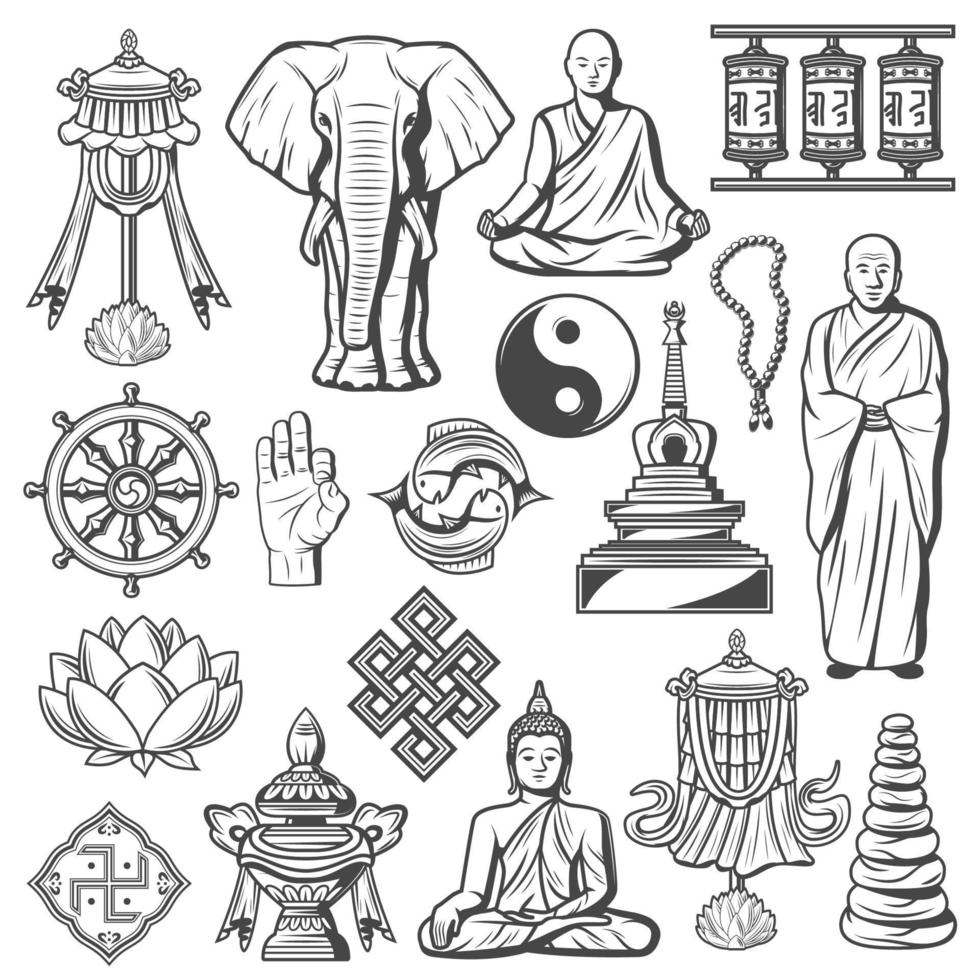 Hinduism and Buddhism signs and icons isolated set vector