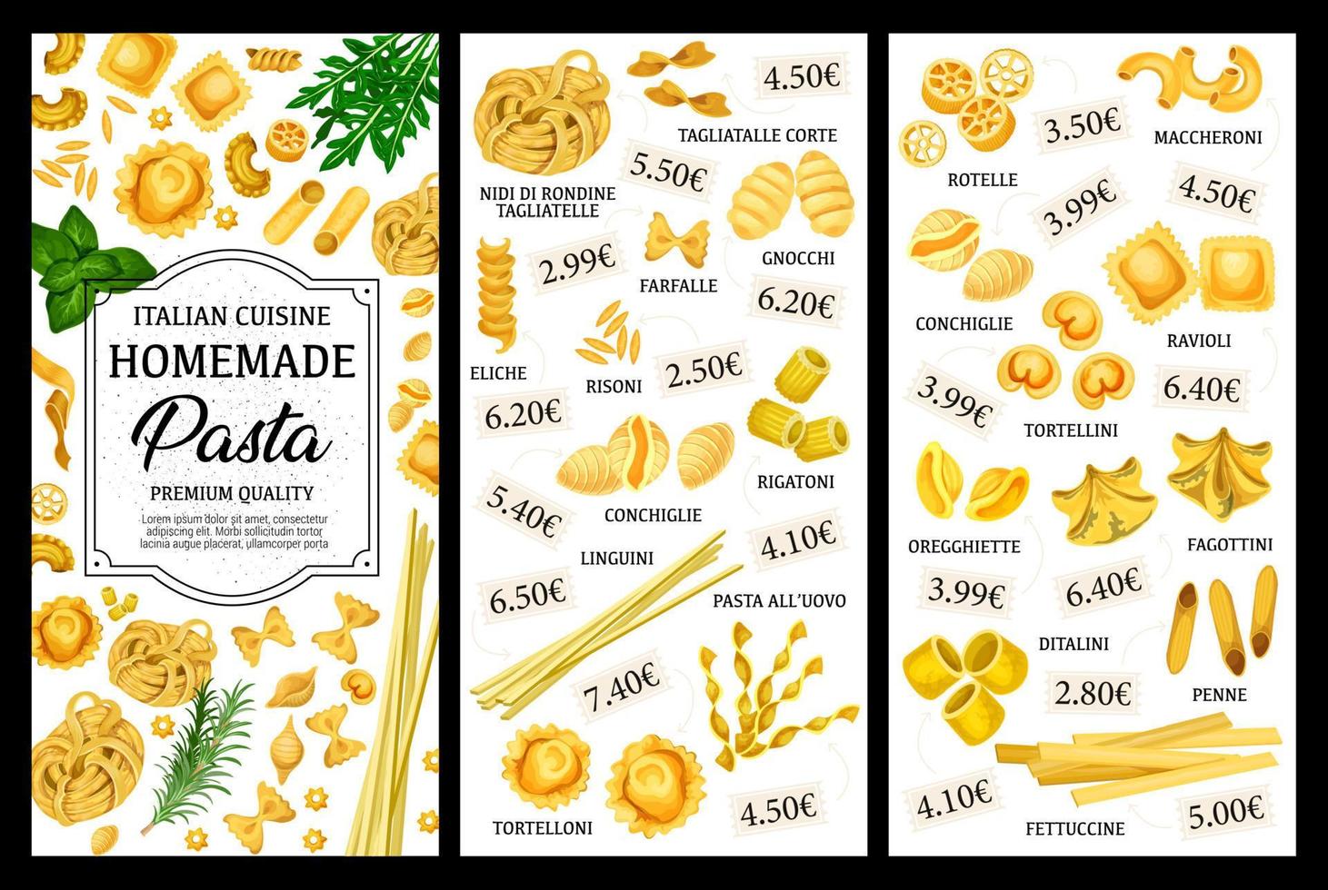 Italian pasta food menu, spaghetti and macaroni vector