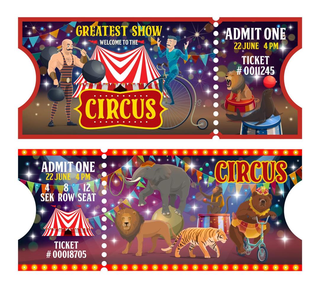 Big top circus tickets, performers and animals vector