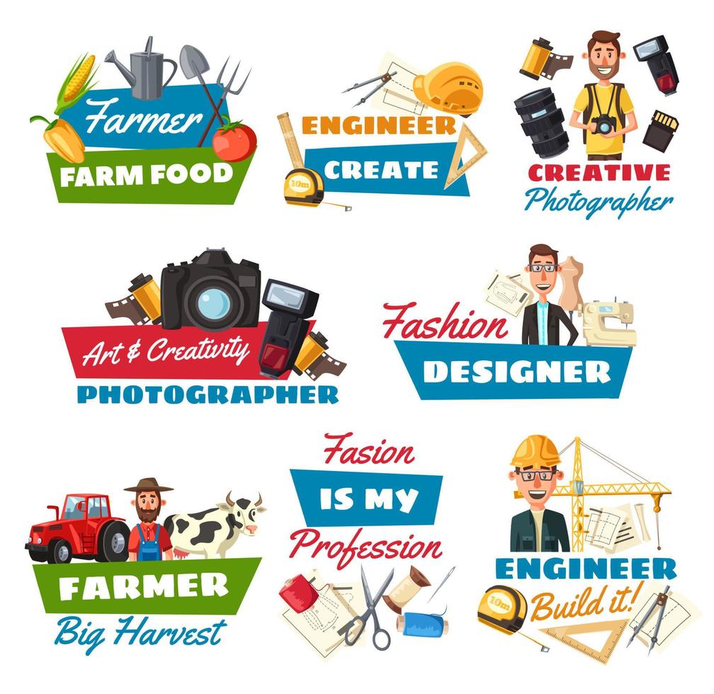 Professions icons with farmer, builder and tailor vector