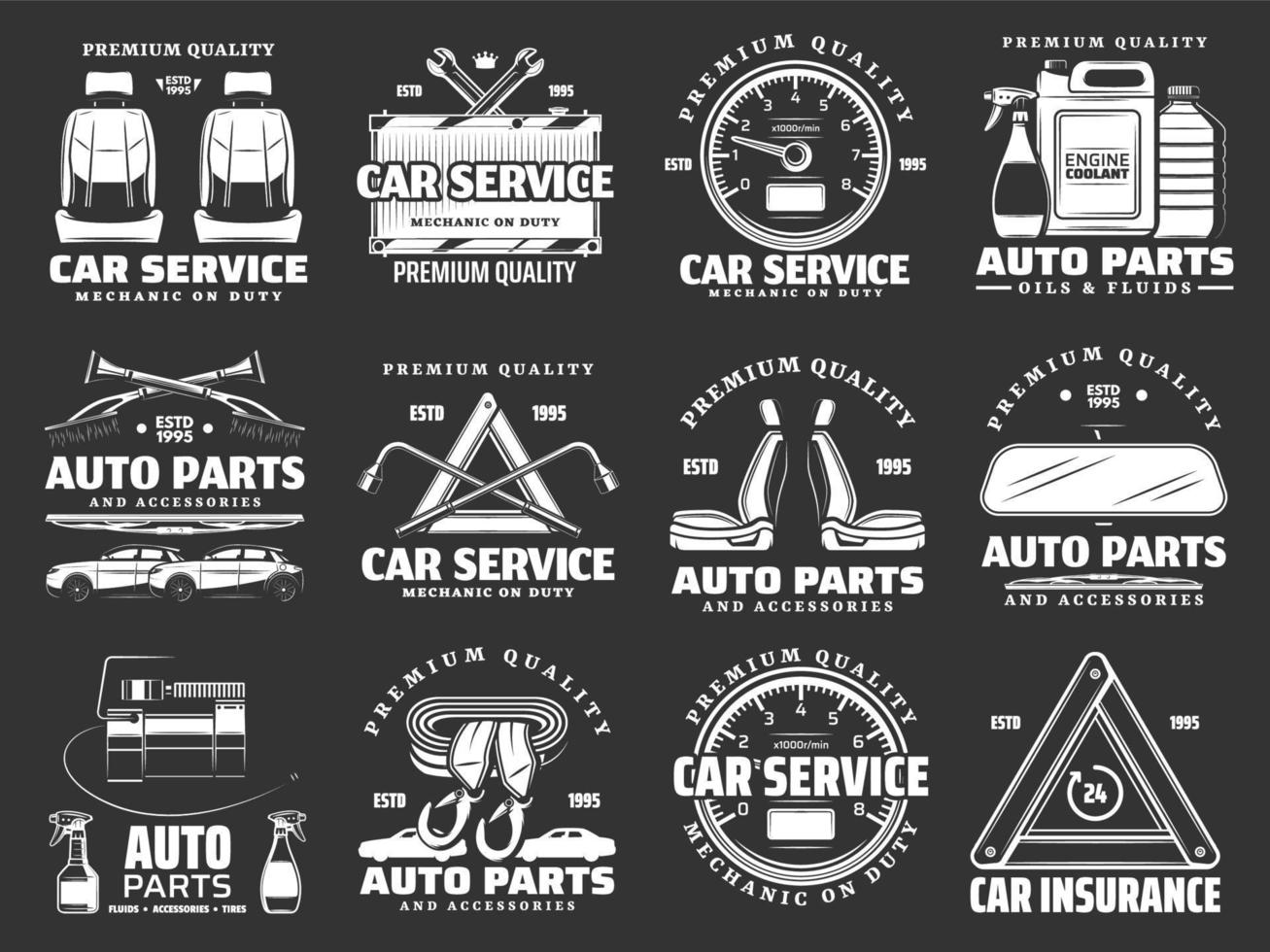 Car parts, motor oil and auto spare details icons vector