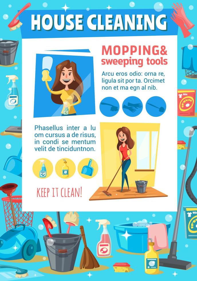 Woman sweeping and mopping. House cleaning service 16163852 Vector Art