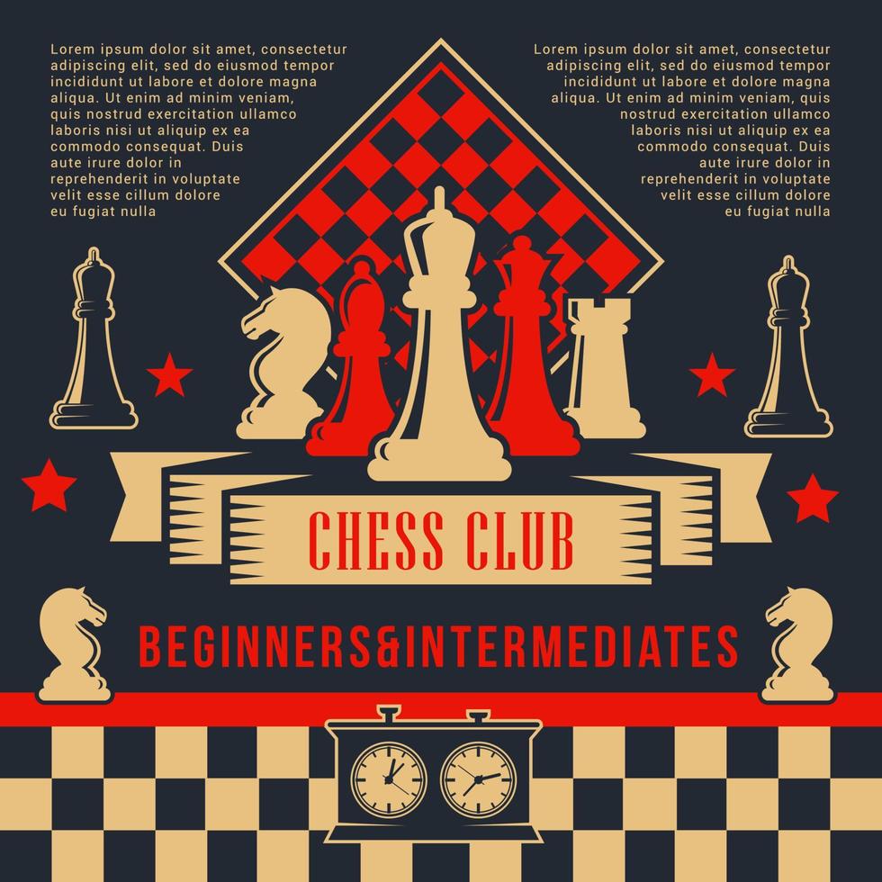 Chess pices with clock on chessboard. Sport club vector