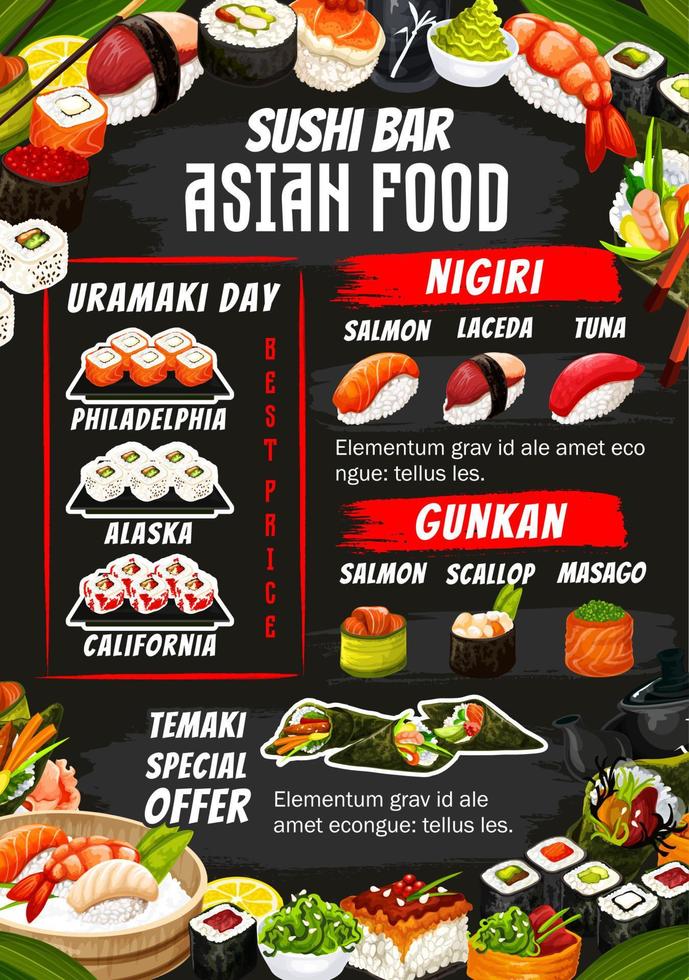 Sushi bar rolls, sashimi and maki menu vector
