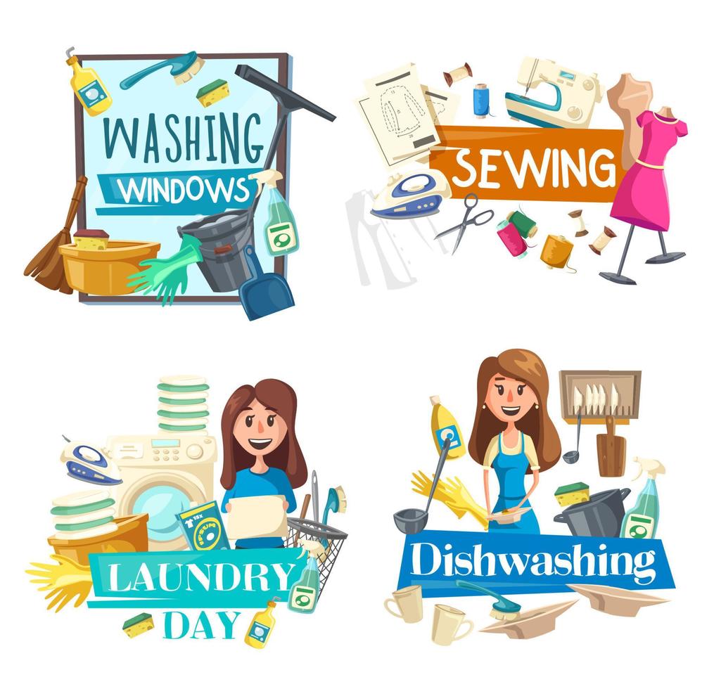 Washing window, cleaning, sewing, laundry service vector