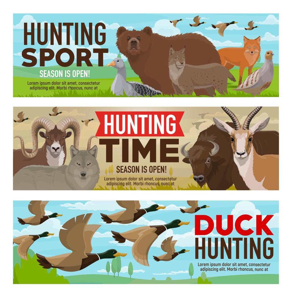 Hunting sport, animals and birds hunt open season vector