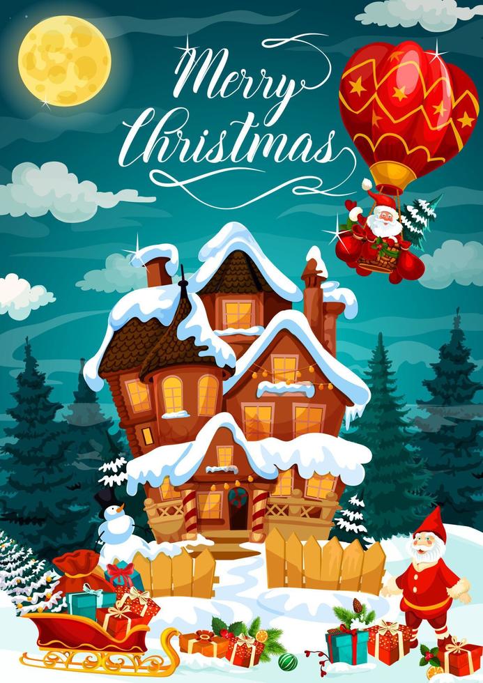Merry Christmas holiday poster with house in snow vector