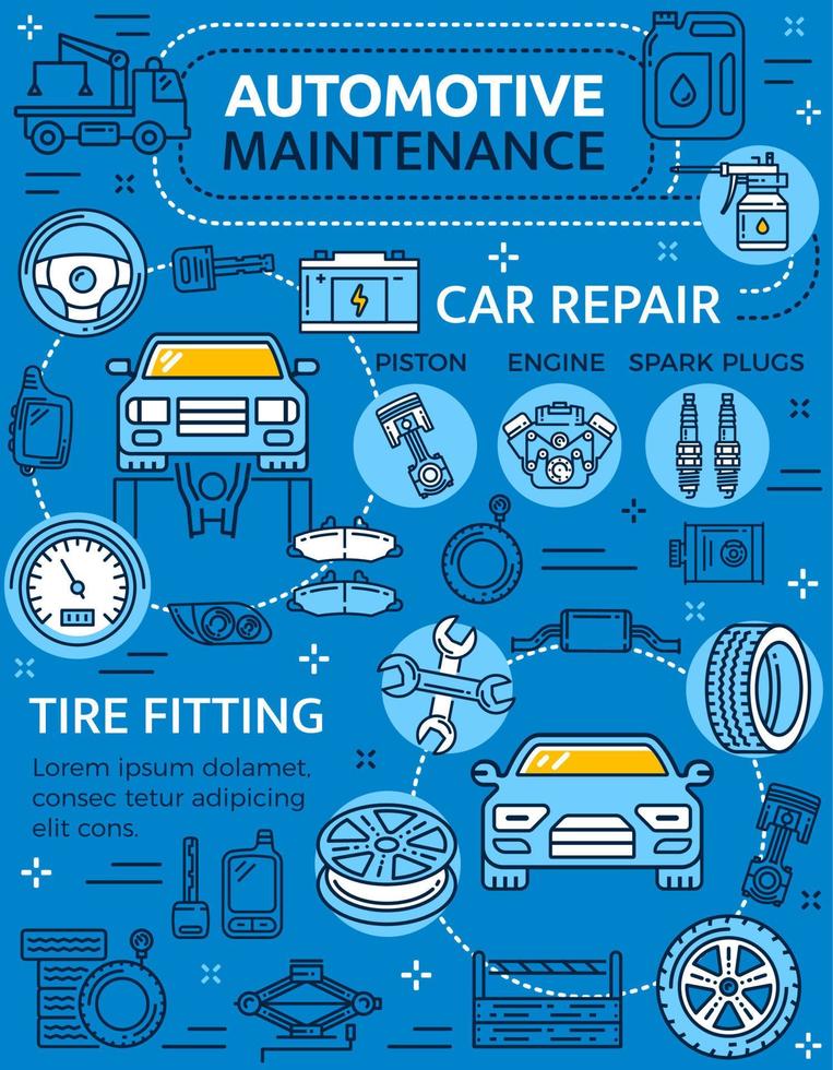 Car repair service poster with vehicle and parts vector