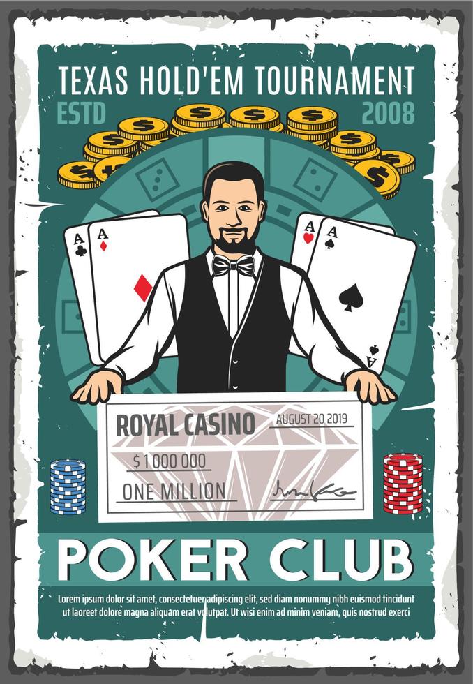 Poker club retro poster of croupier and win check vector