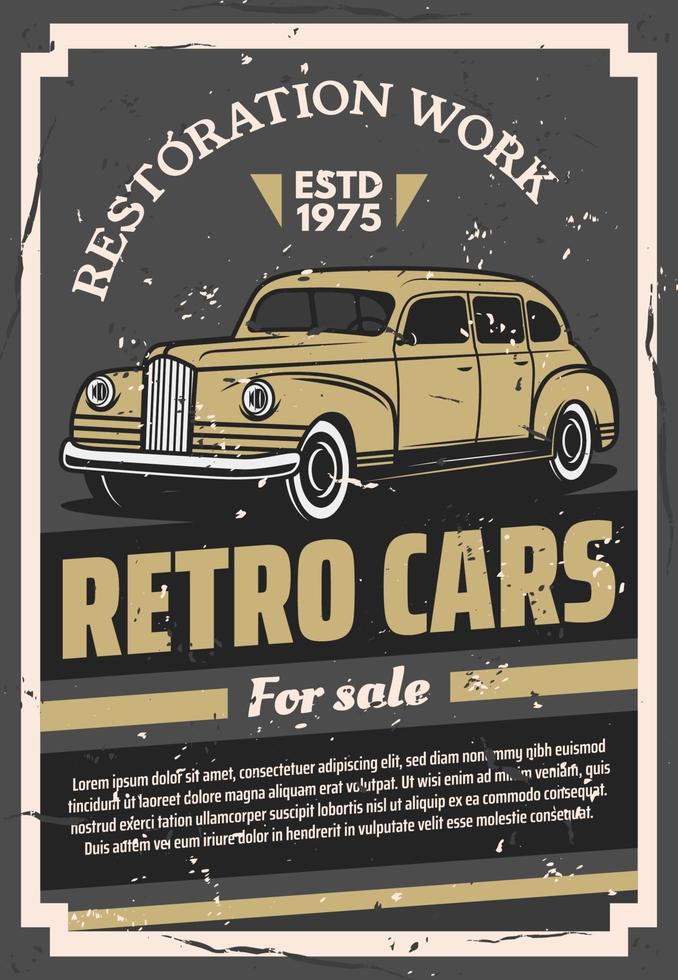 retro coches antiguos en venta o cartel de trabajo de restauración vector