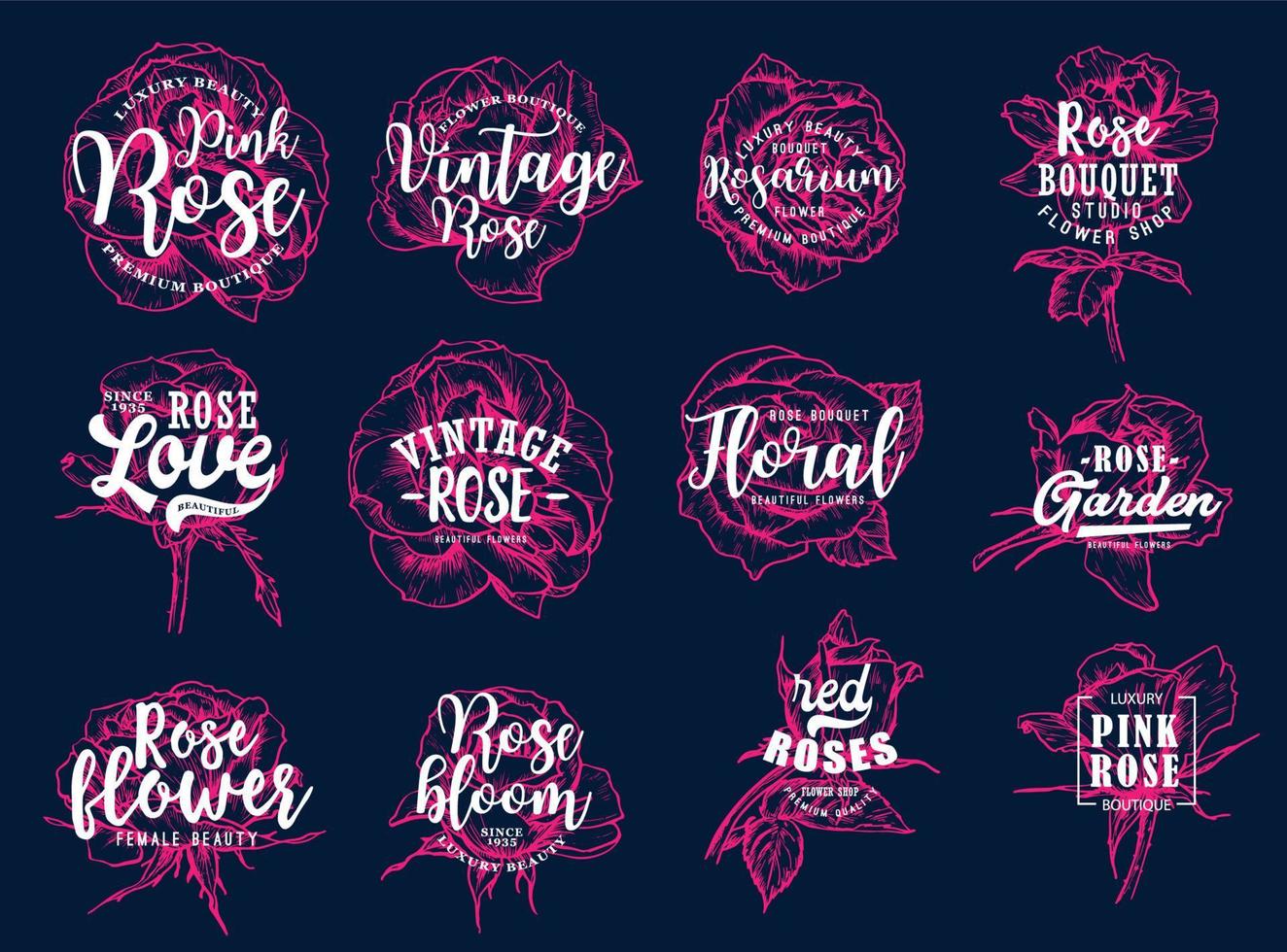 Roses with lettering icons for bouquet studio vector
