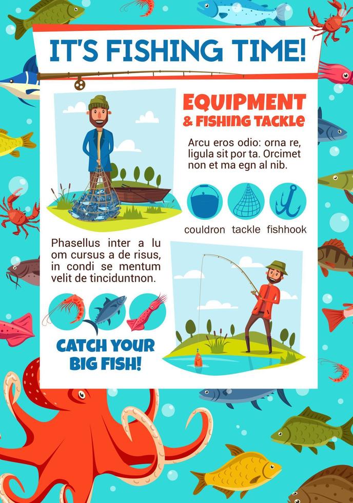 Fishing contest invitation with fisher and tackle vector