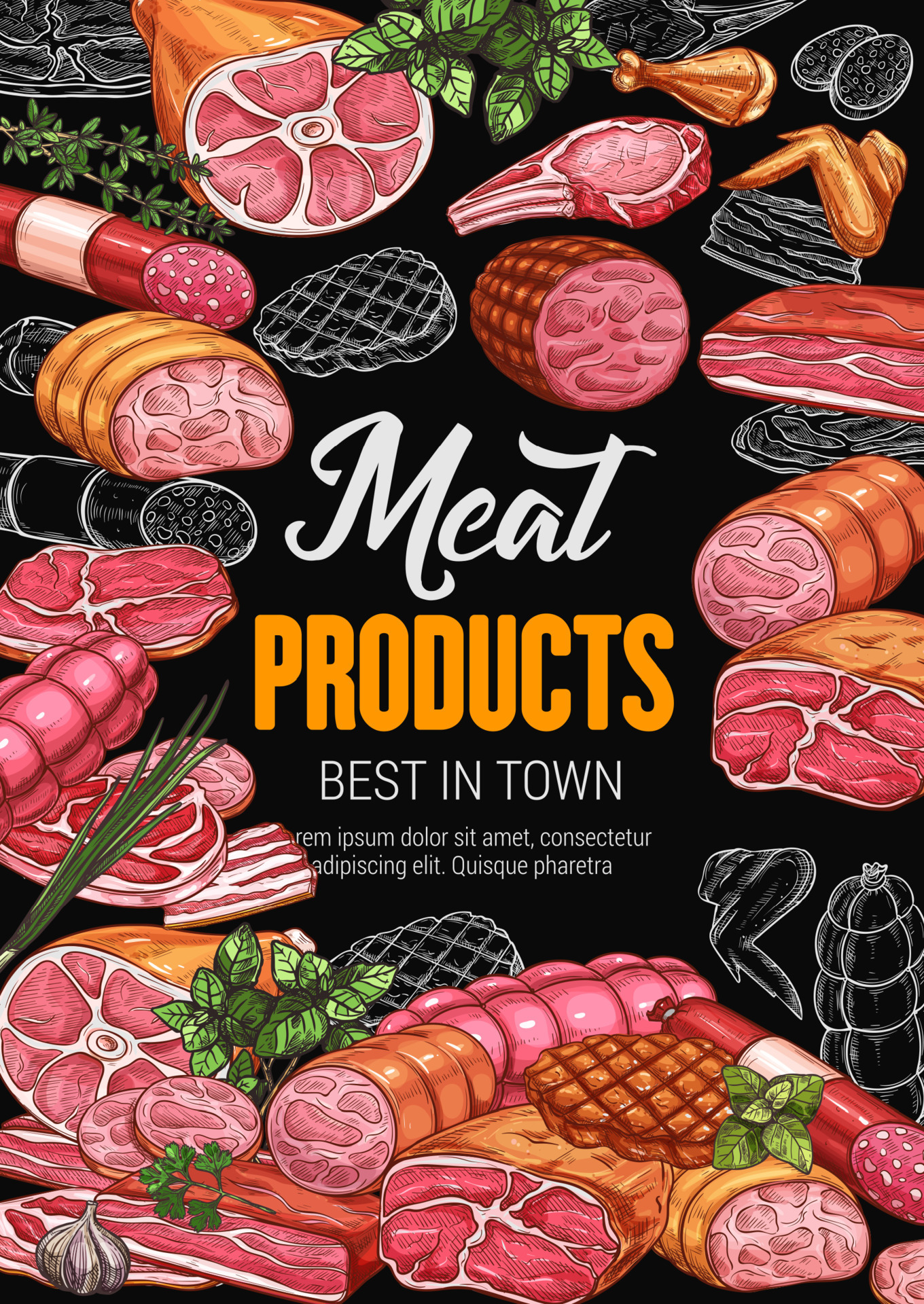 Meat products poster for butchery shop or market 16163907 Vector Art at