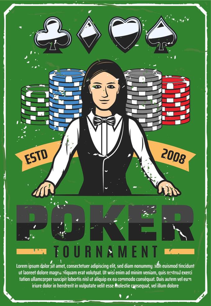 Poker tournament retro poster with female croupier vector