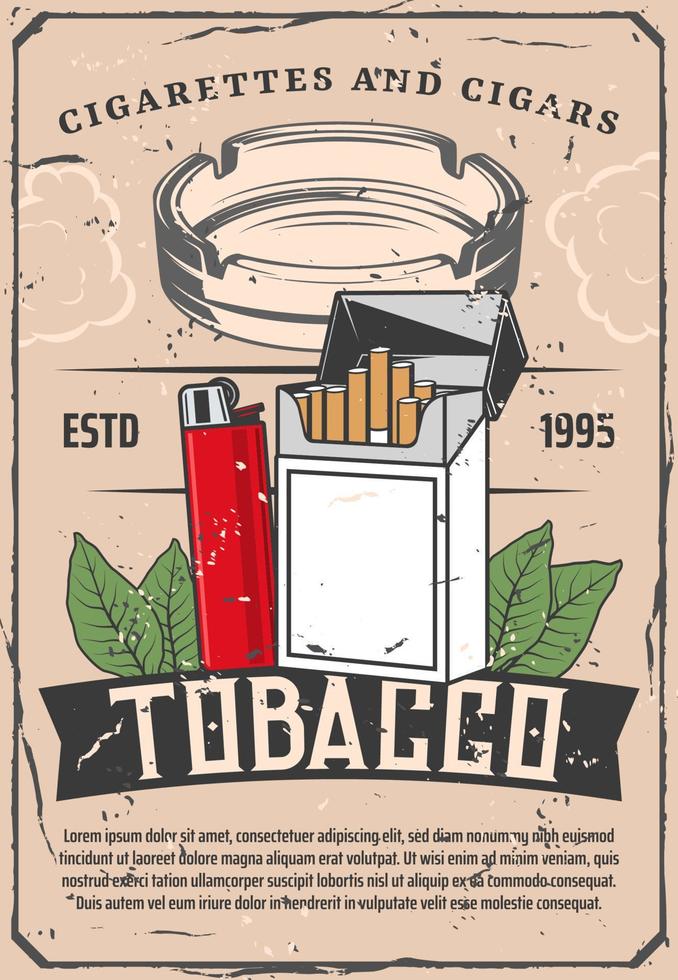 Tobacco and lighter or glass ashtray retro poster vector