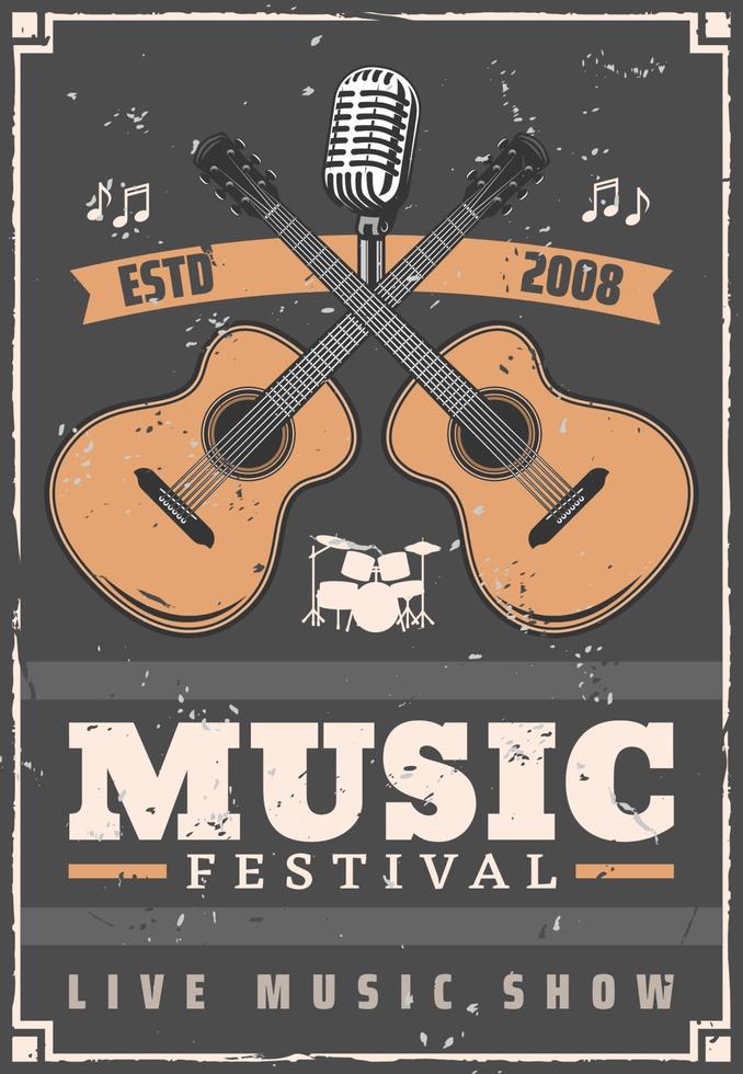 Music festival guitars, drum and microphone vector