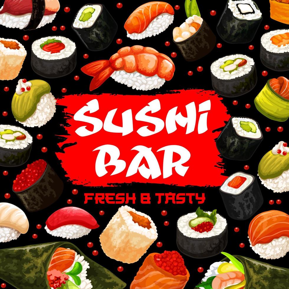 Sushi bar poster with Japanese cuisine of seafood vector