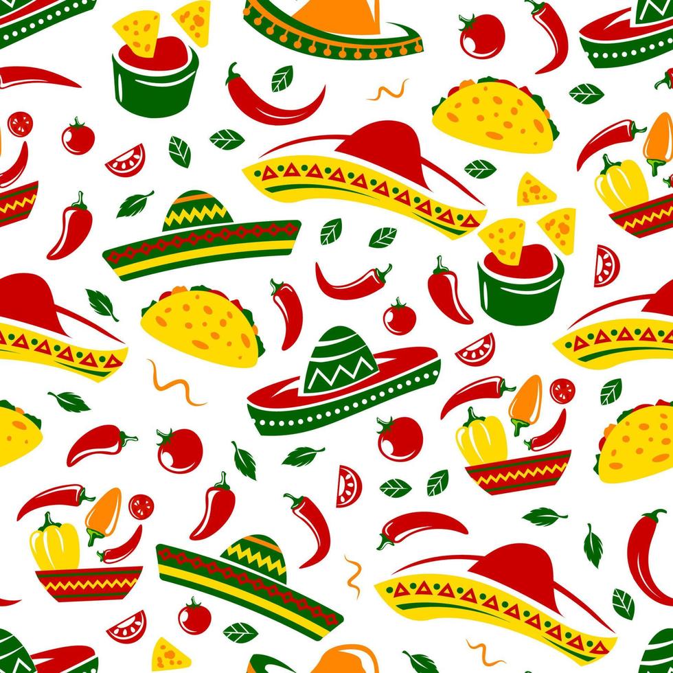 Mexican taco, nacho and sombrero seamless pattern vector