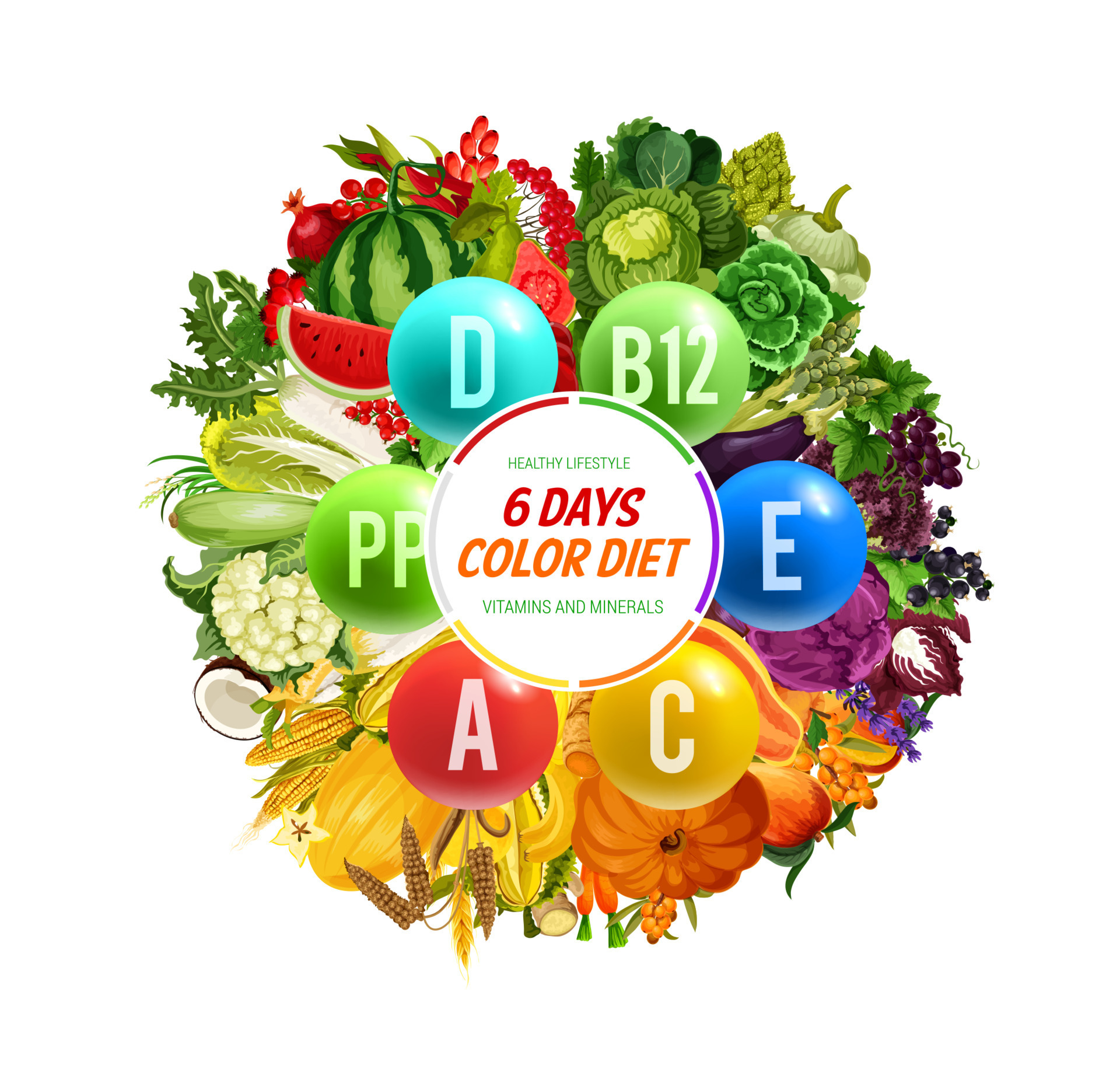 Vitamin B, C and D, color diet, detox nutrition 16163926 Vector Art at
