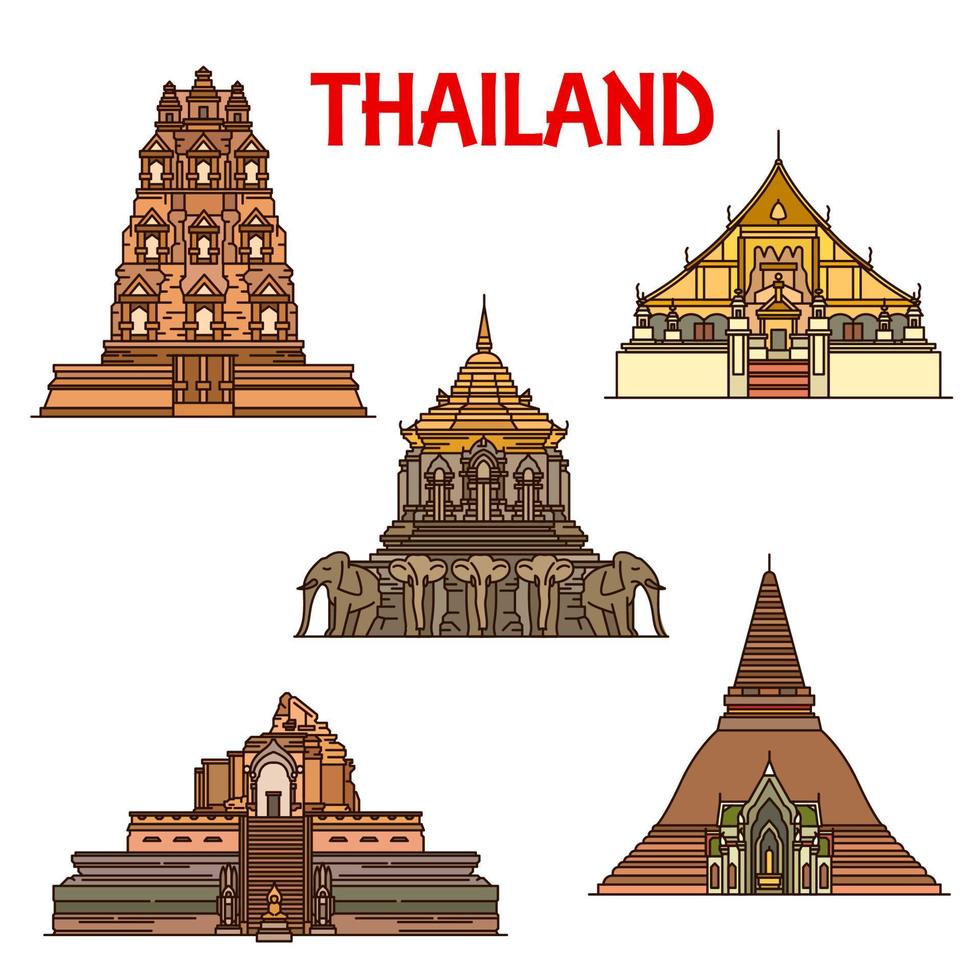 Thai temples and stupas icons. Travel landmark vector