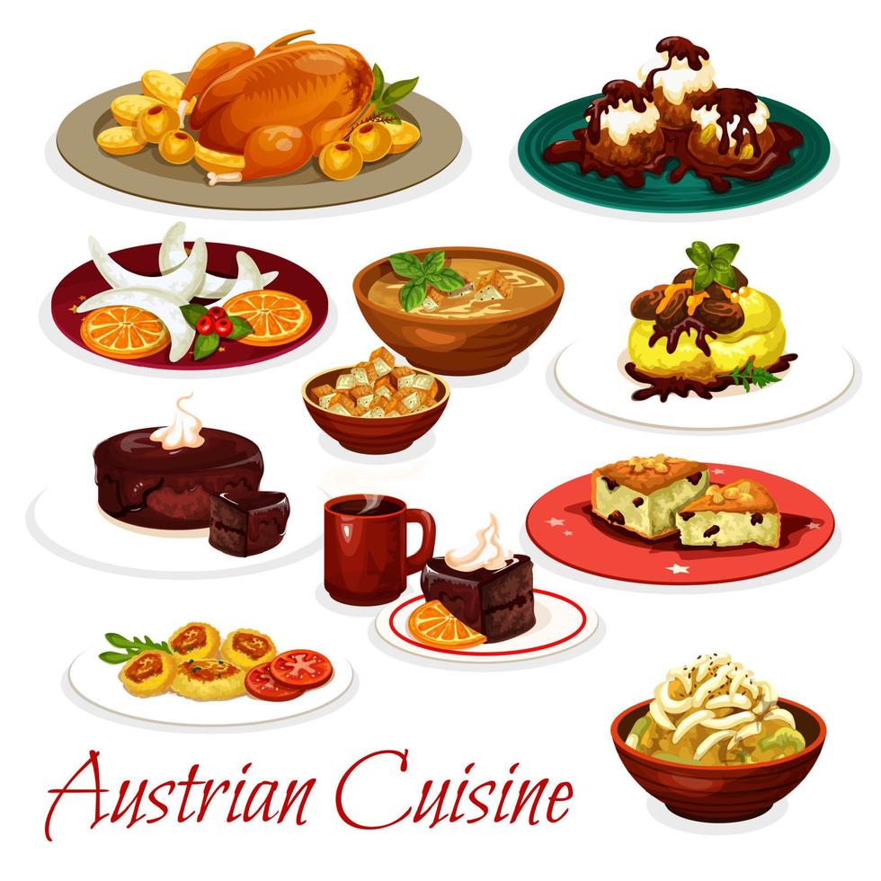 Austrian cuisine meat dishes and chocolate cakes vector