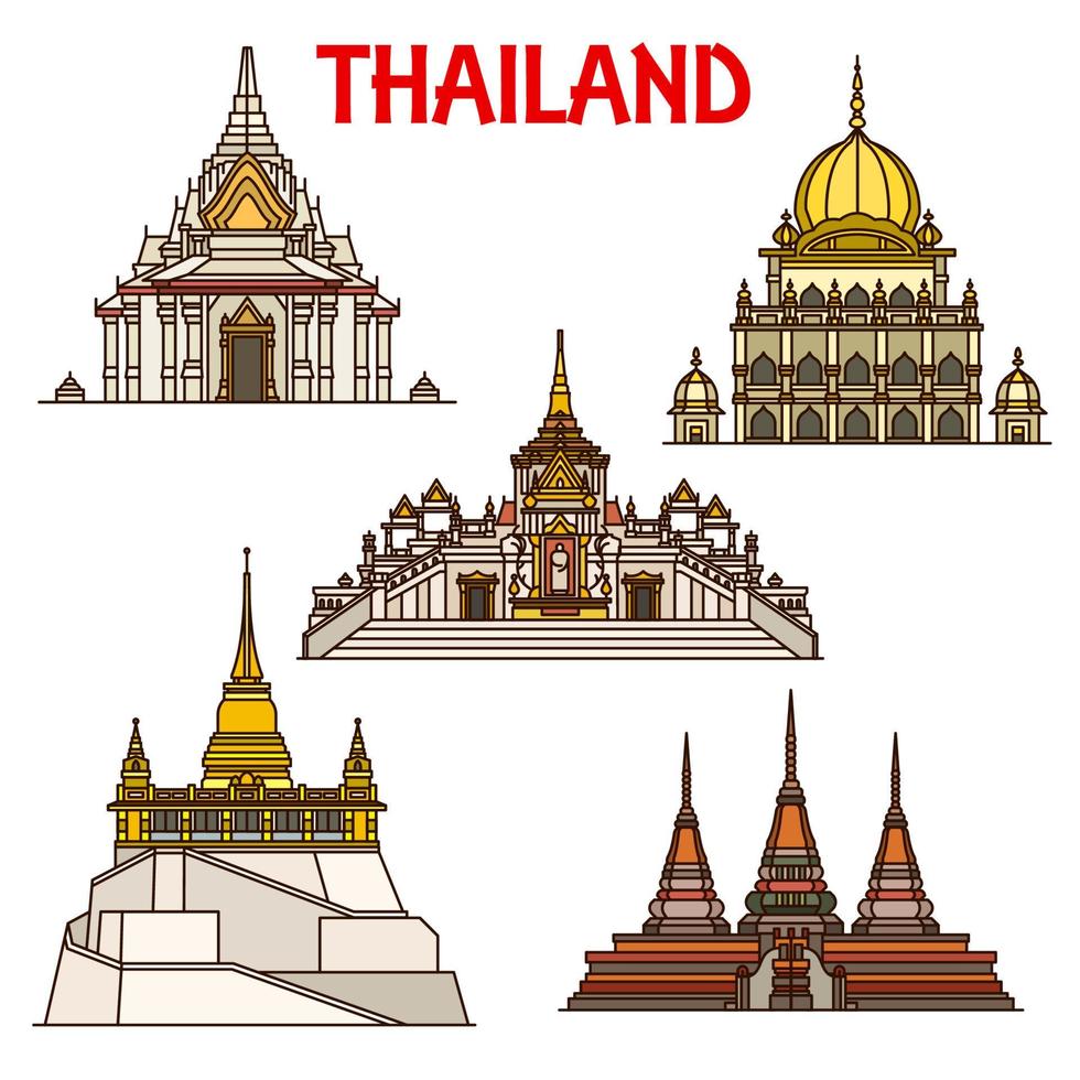 Bangkok travel landmarks icons. Thailand temples vector