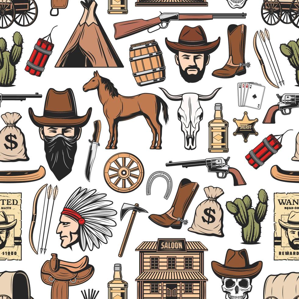 Wild West cowboy, sheriff, indian. Western pattern vector