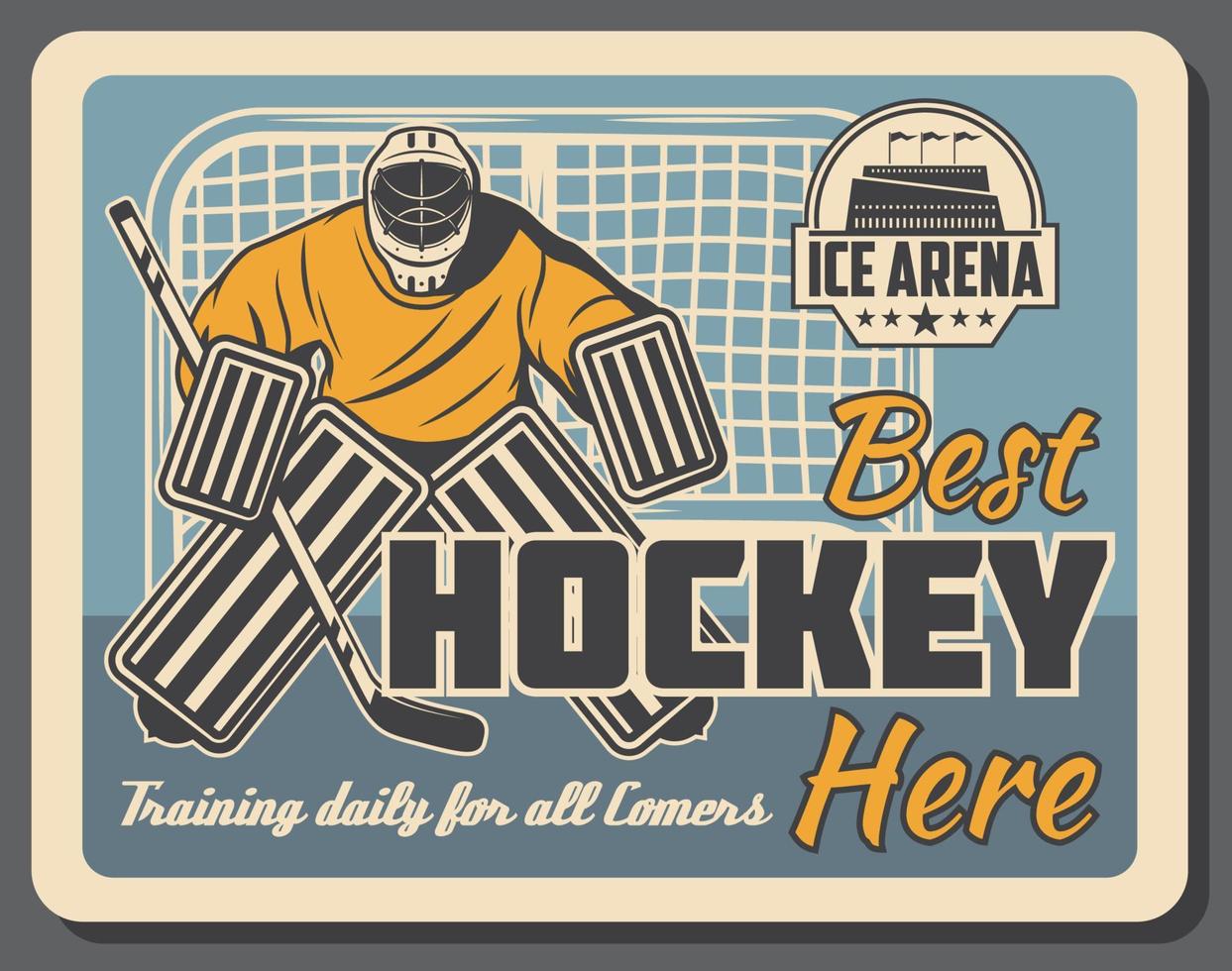 Ice hockey goalkeeper in gates on rink arena vector