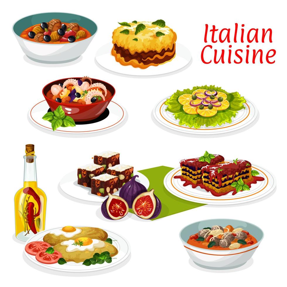 Italian meat and seafood dishes, fruit dessert vector
