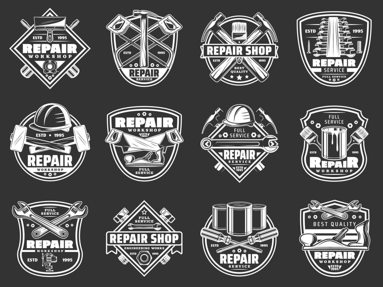 insignias de herramientas de trabajo. servicio de construccion y reparacion vector