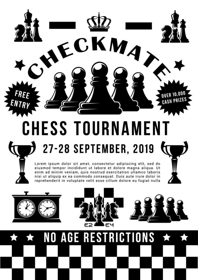 Chess sport tournament, game pieces and timer vector