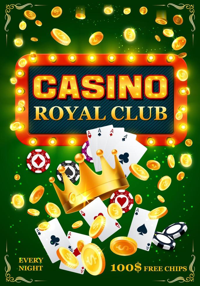 Casino poker cards, chips and golden coins vector