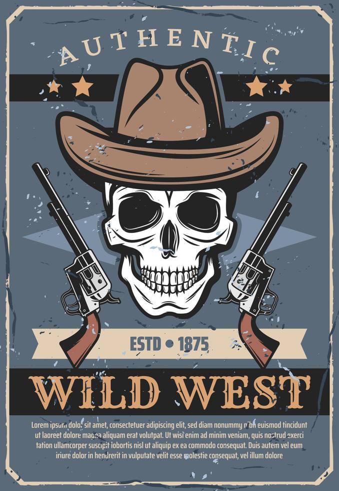 Wild West, vector skull in hat and revolver