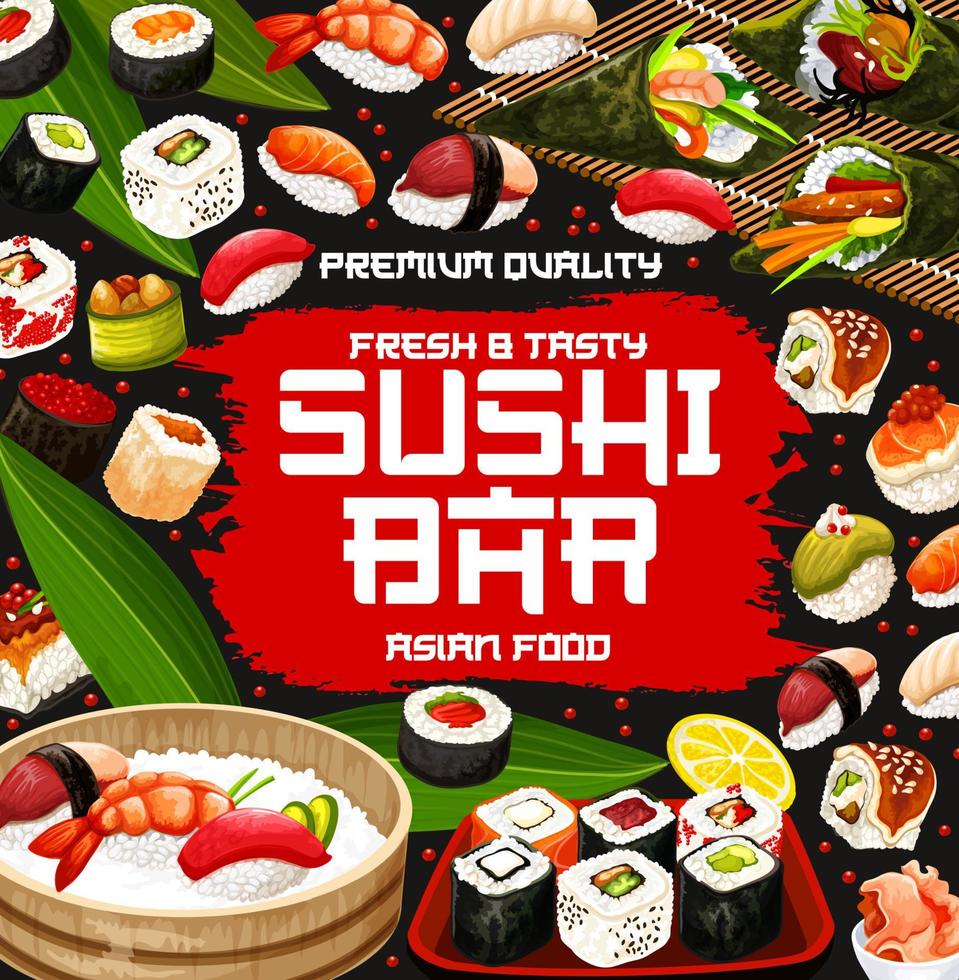 Sushi rolls, temaki and nigiri with rice and fish vector