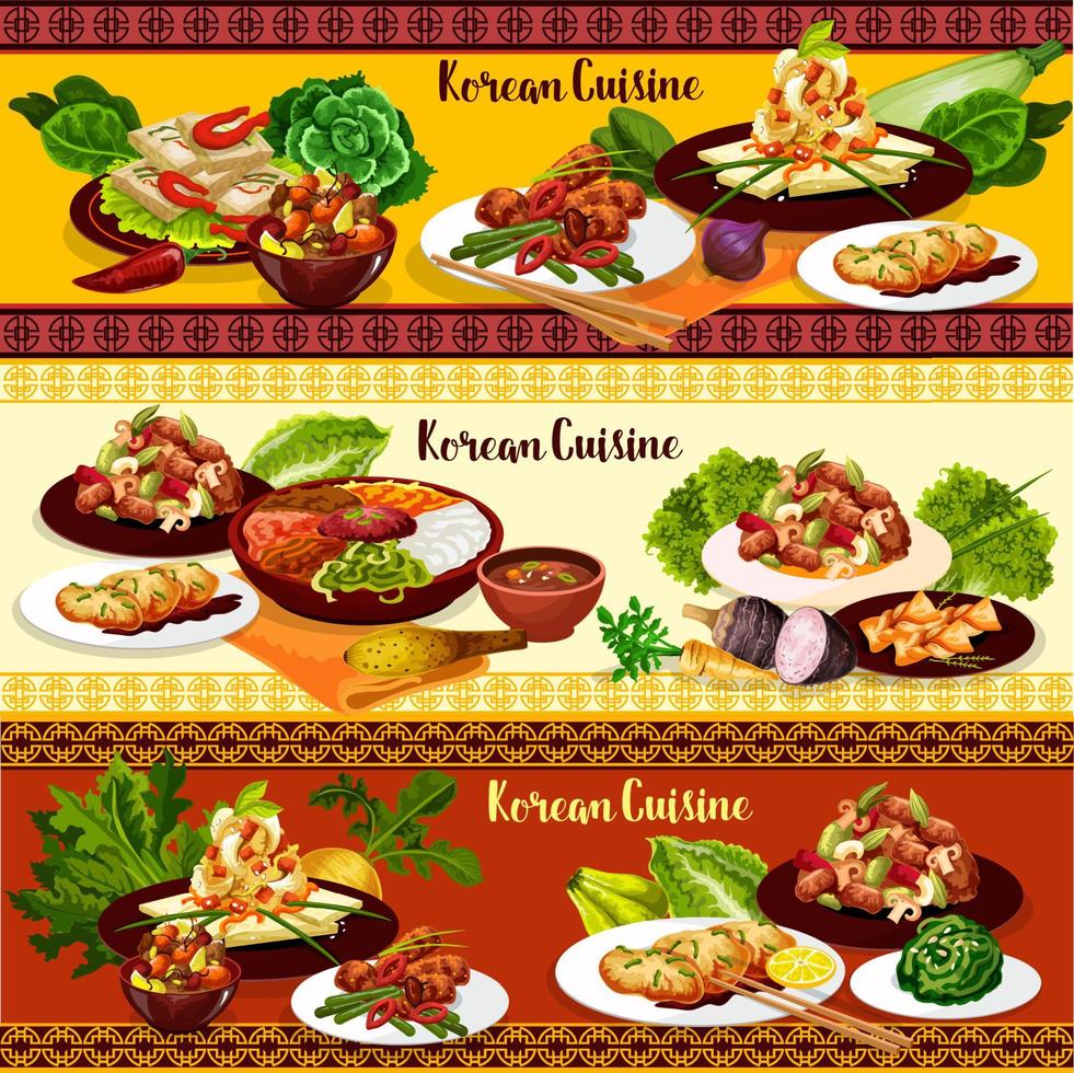 Korean bbq meat dishes with vegetables and dessert vector