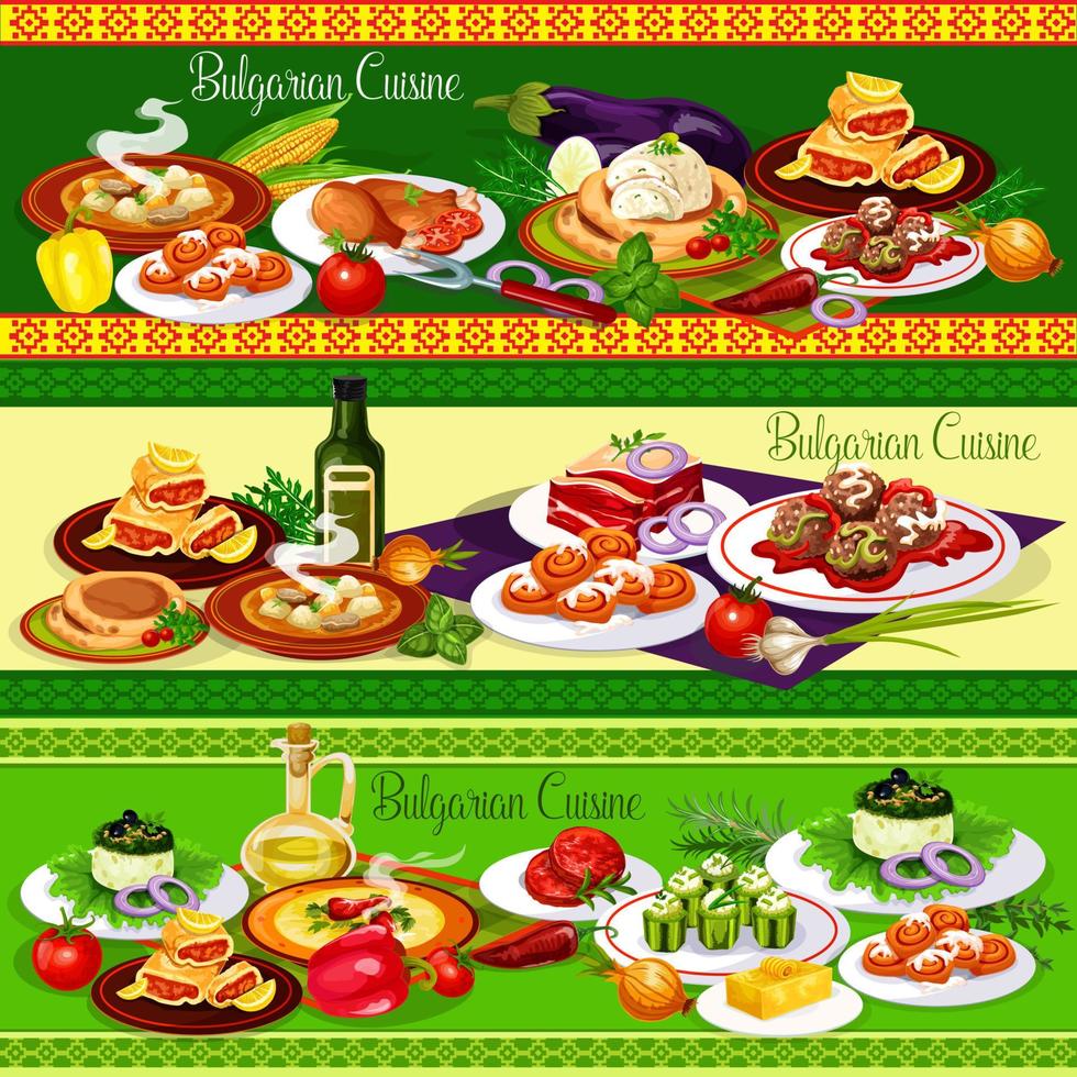 Bulgarian meat dishes with vegetable salad, cake vector