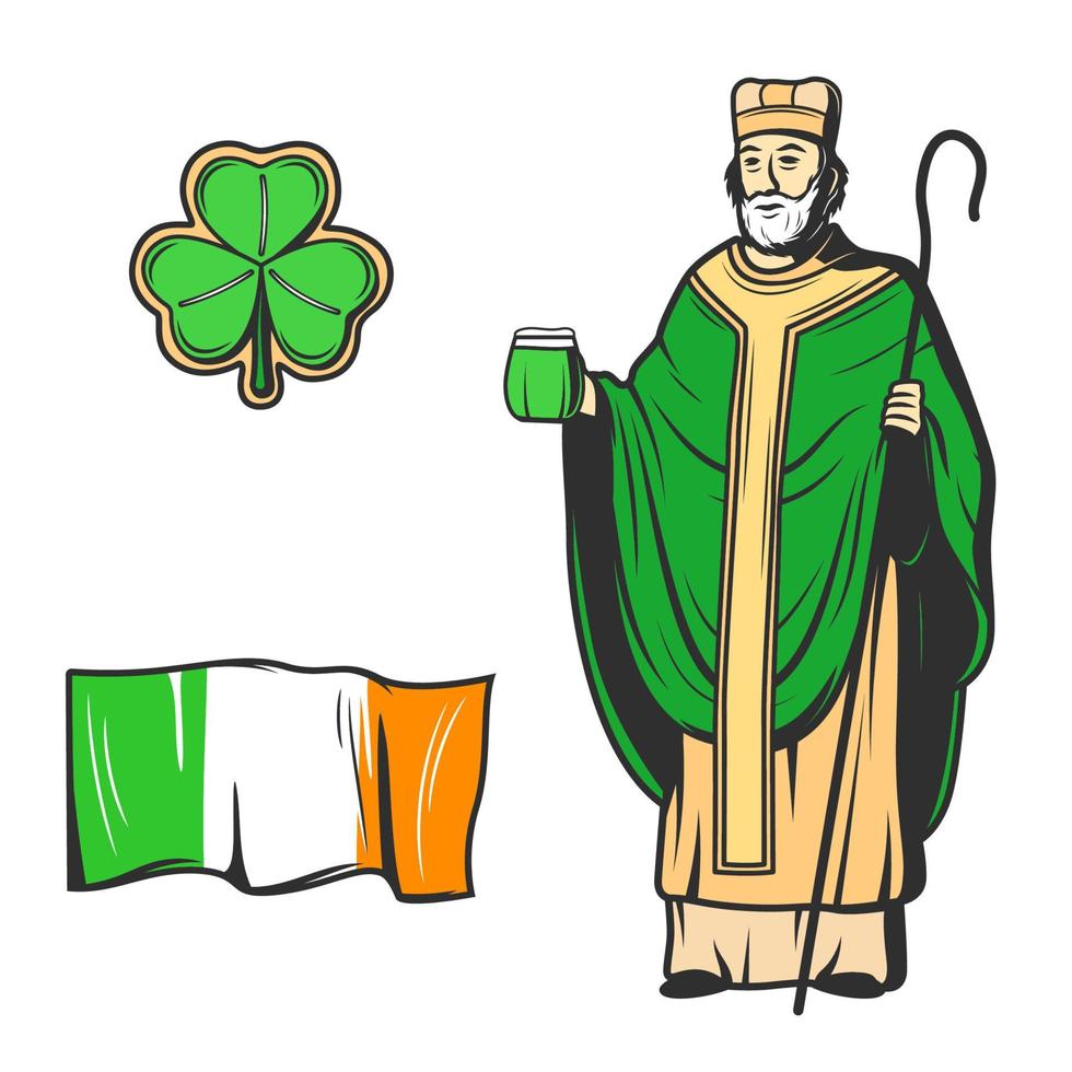 san patricio, hoja de trébol verde y bandera irlandesa vector