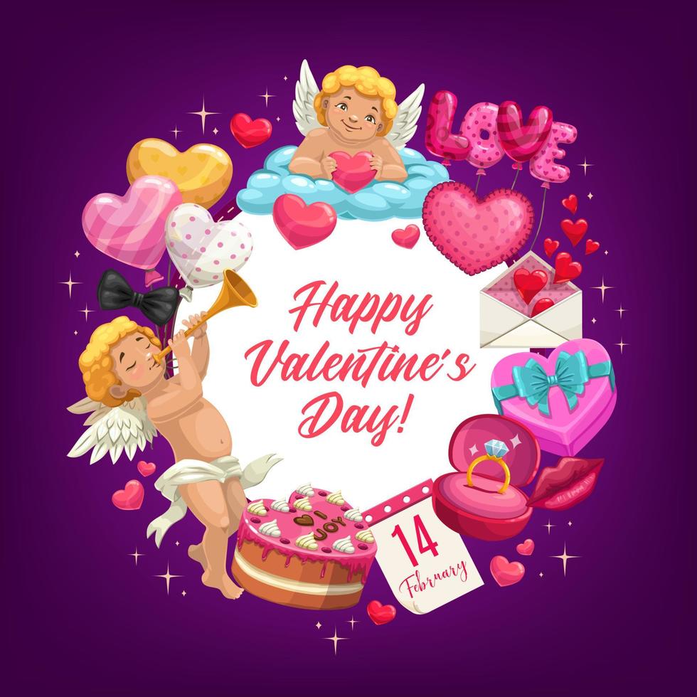 Valentines Day love hearts, Cupids, romantic gifts vector