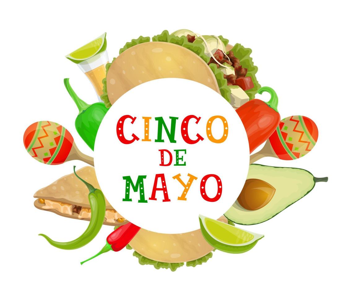 Cinco de Mayo fiesta tacos, tequila and maracas vector