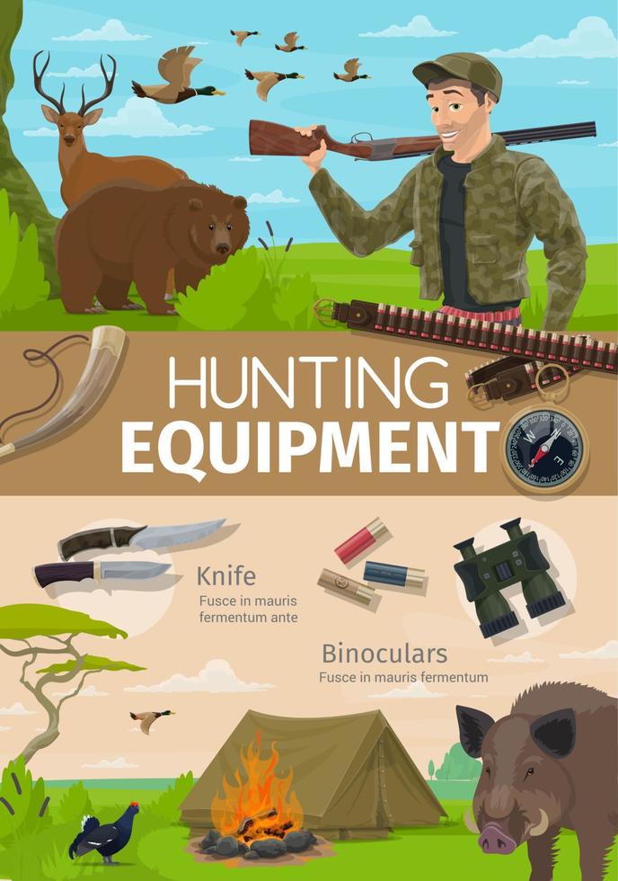 Hunting adventure, hunter equipment and animals vector