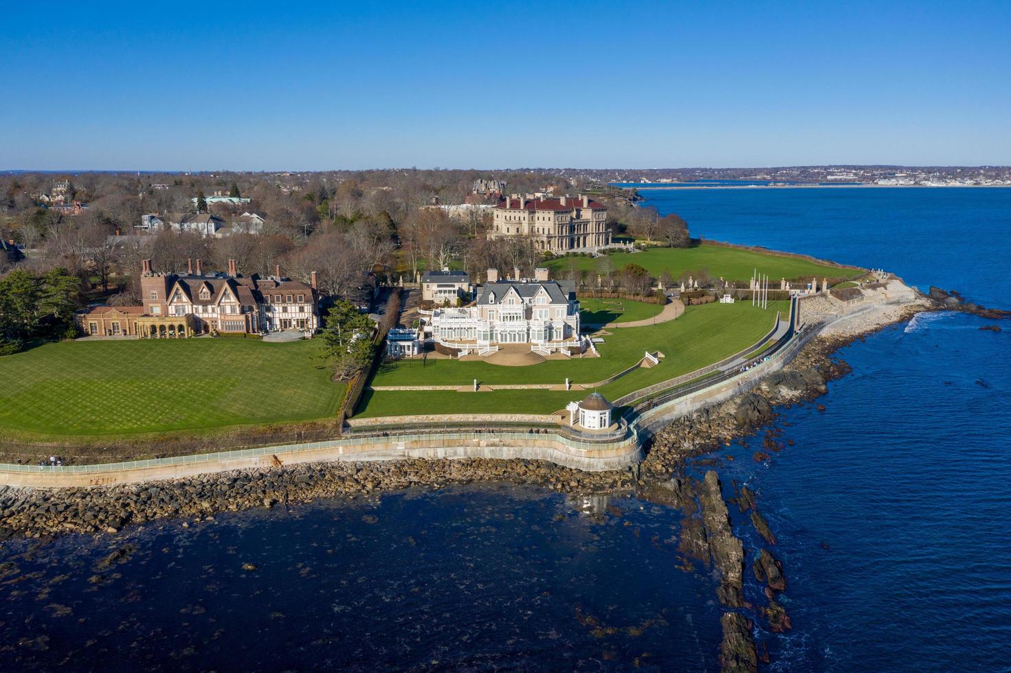 Newport, RI - Nov 29, 2020 -  The Breakers and Cliff Walk aerial view. The Breakers is a Vanderbilt mansion with Italian Renaissance built in 1895 in Bellevue Avenue Historic District in Newport, RI. photo