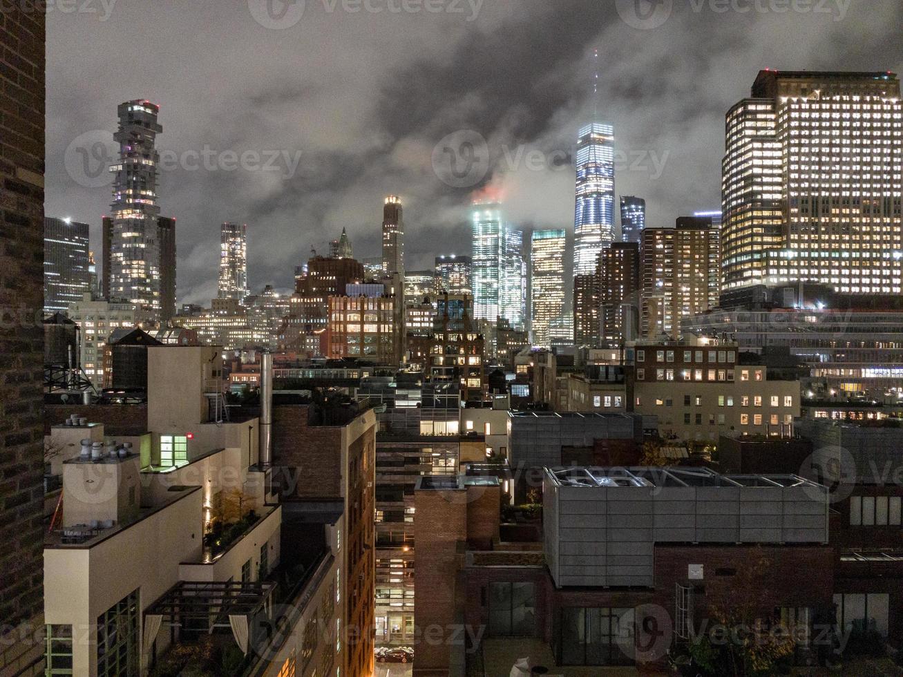 New York Downtown Skyline on a cloudy, foggy evening from Tribeca. photo