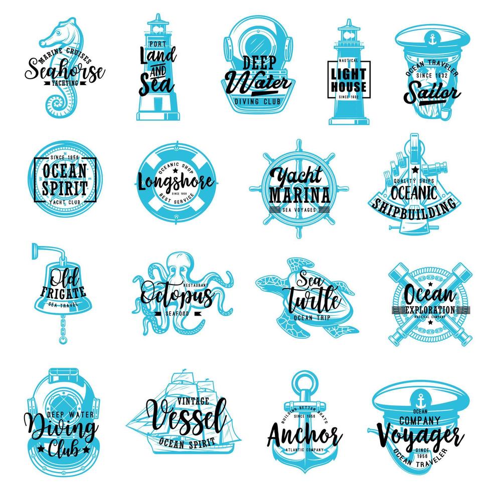 Nautical marine heraldic icons, lettering vector